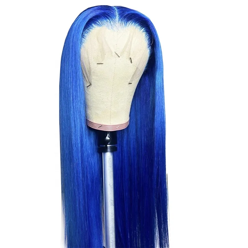 

Wholesale 22inch 130%Density Straight Blue Wig With Baby Hair Lace Frontal Wigs Human Hair Transparent Lace Wig