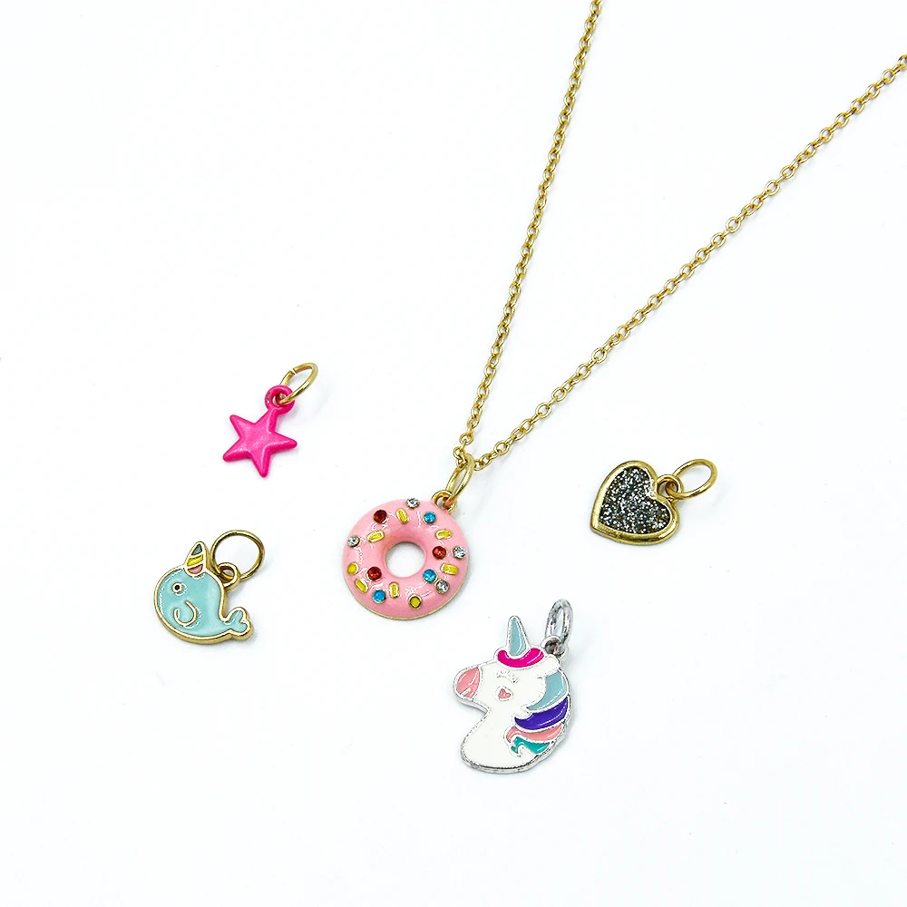 

Kids cute custom gold plated jewelry set cartoon DIY unicorn Charms Necklace, Gold pink