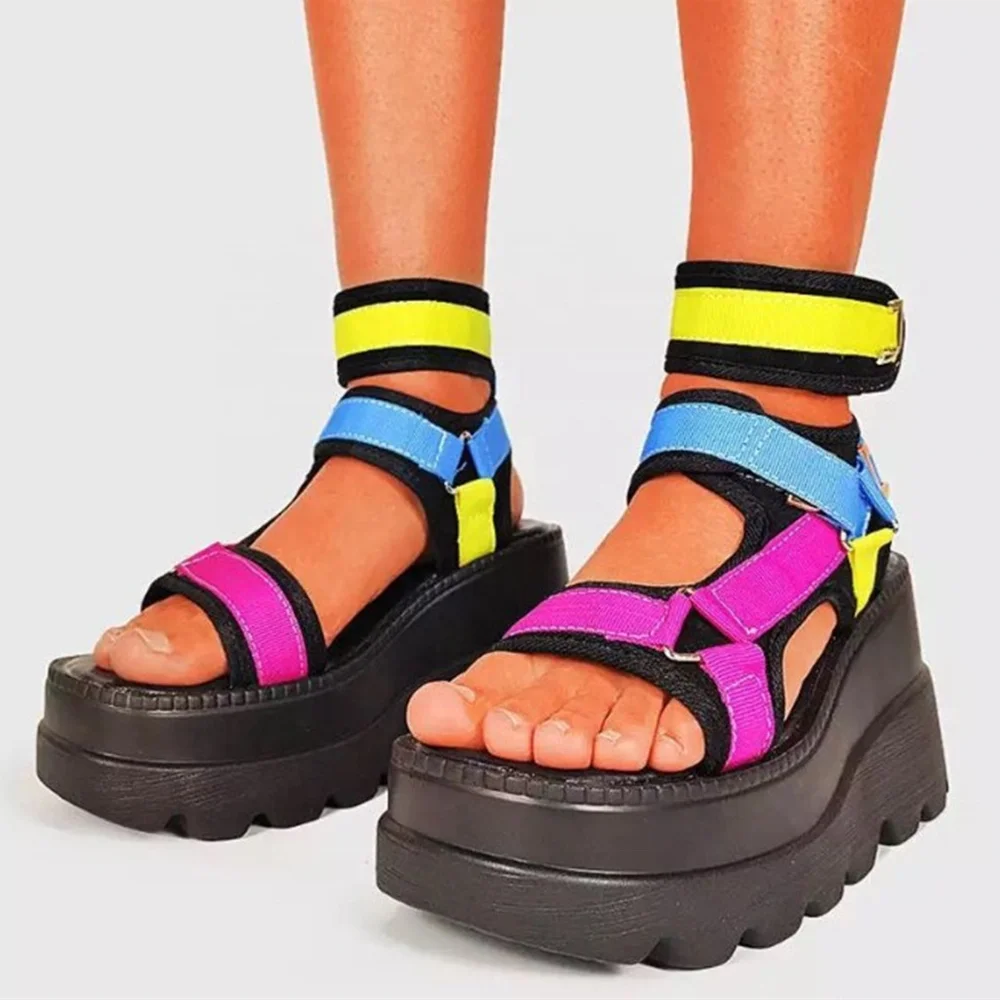 

Women Round Toe High Platform Summer Shoes Big Size Casual Thread Thick Sole Flat Sandals Wedge Heel Sandals, Black white colors