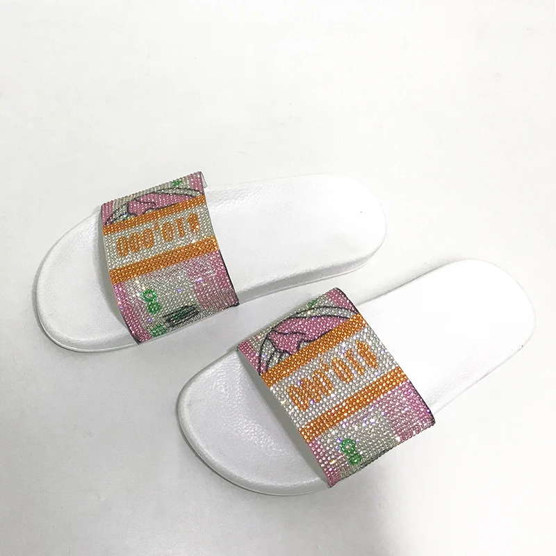 

New luxury diamond rhinestone slippers lady shiny slides women sandals money slides, Picture
