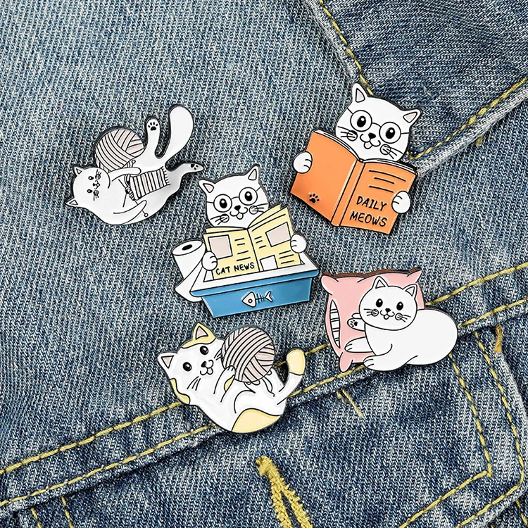 

Cute Animal Cat's Daily Badge Jewelry Gift Custom Knitting Reading Playing Pillow Cat Kitten Enamel Lapel Pin Brooches for kids, White