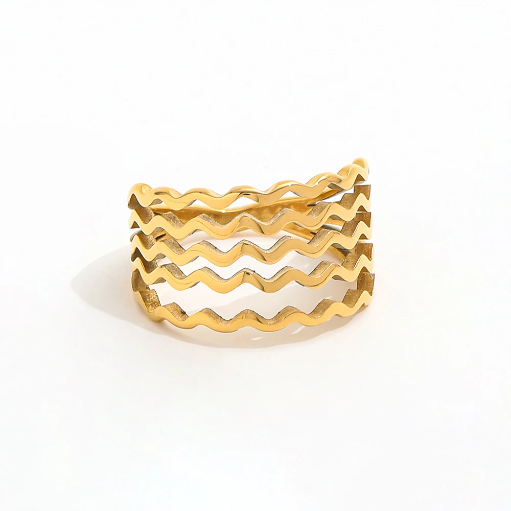 Joolim High-End 18K Gold Plated Stainless Steel Rings Multi-Layer Hollow Band Chunky Waved Rings for Women Trendy Style Gifts