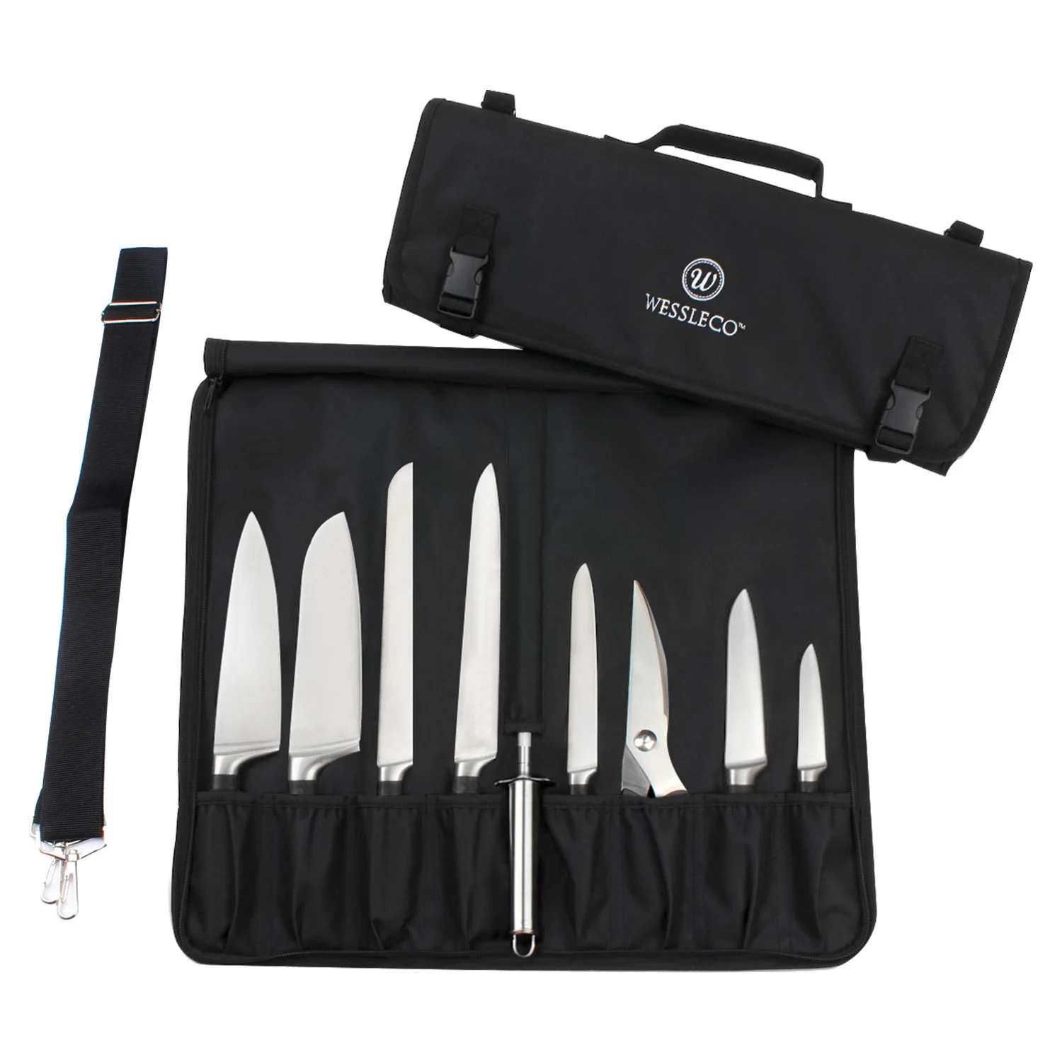 

Wessleco Chef Knife Bag Nylon Roll Bag with 8 Pocket for Kitchen Accessories Portable Knifes Case Holder Custom, Black