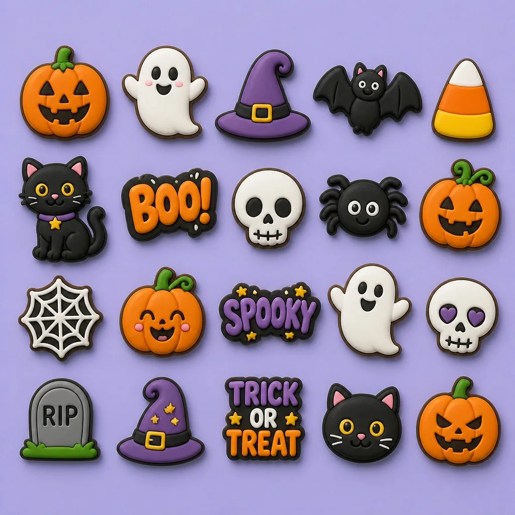 Flat lay of the full Halloween charm library including pumpkins, ghosts, witch hats, bats, cats, spiders, skulls and word badges