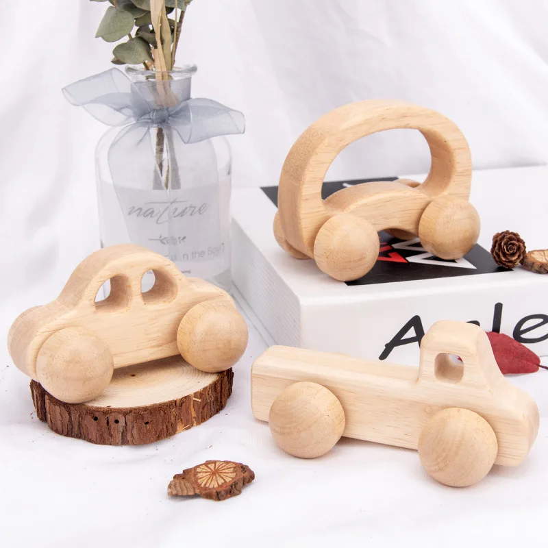 

Hot Sales Educational Solid Wood Trolley Newborn Cheap Natural Wooden baby Small Car Toy