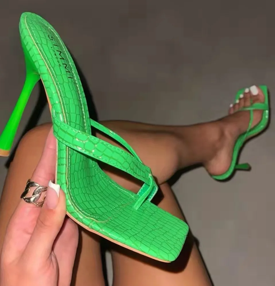 

2022 summer Candy color women high heels plus size Thong sandals snake grain leather stiletto heel flip-flops Open Toe slippers
