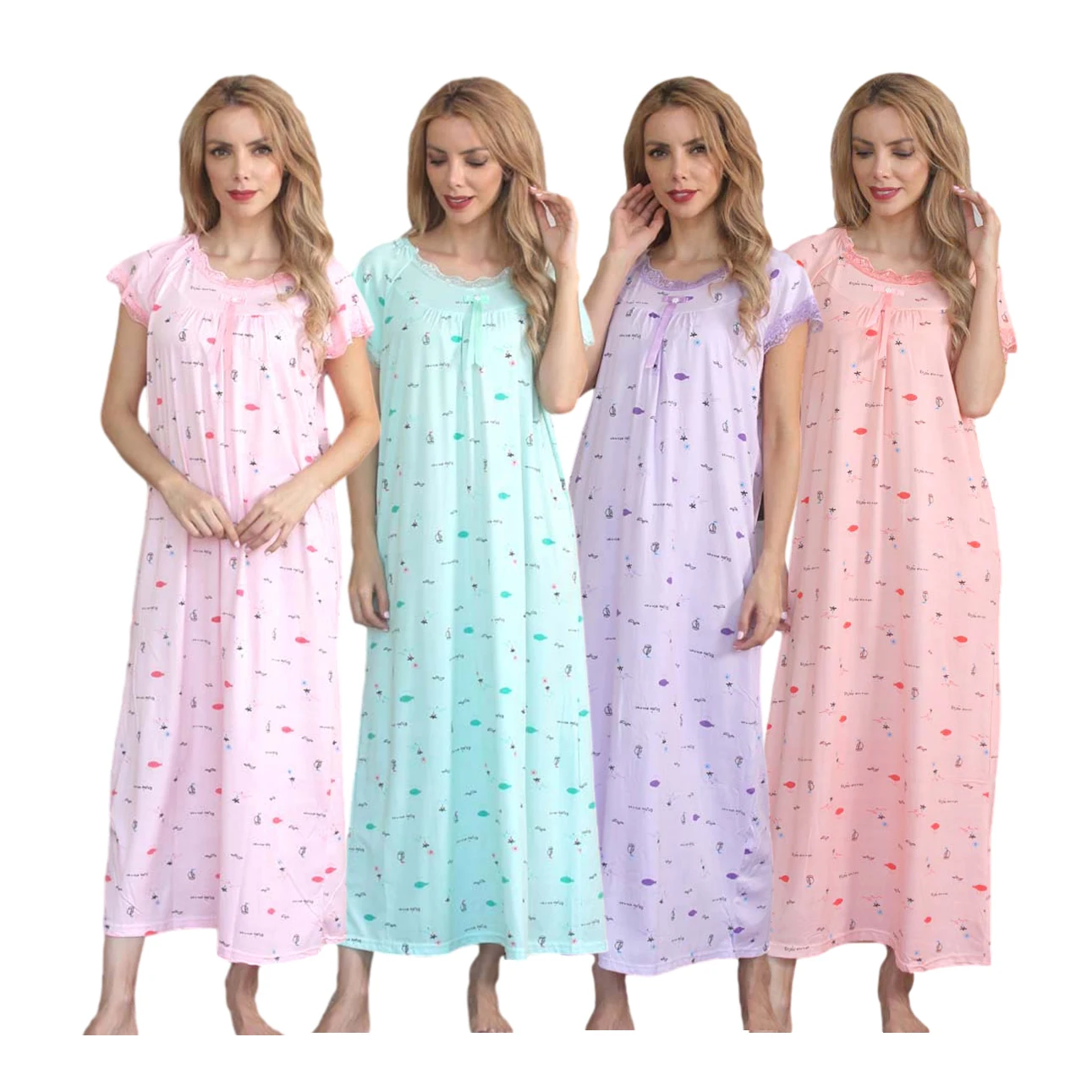 

Summer Round Neck Homewear Nightshirt Woman Sleepwear Short Sleeve Nightgown Sleepdress Long Sleep Dress pajamas robe for Women, 4 colors