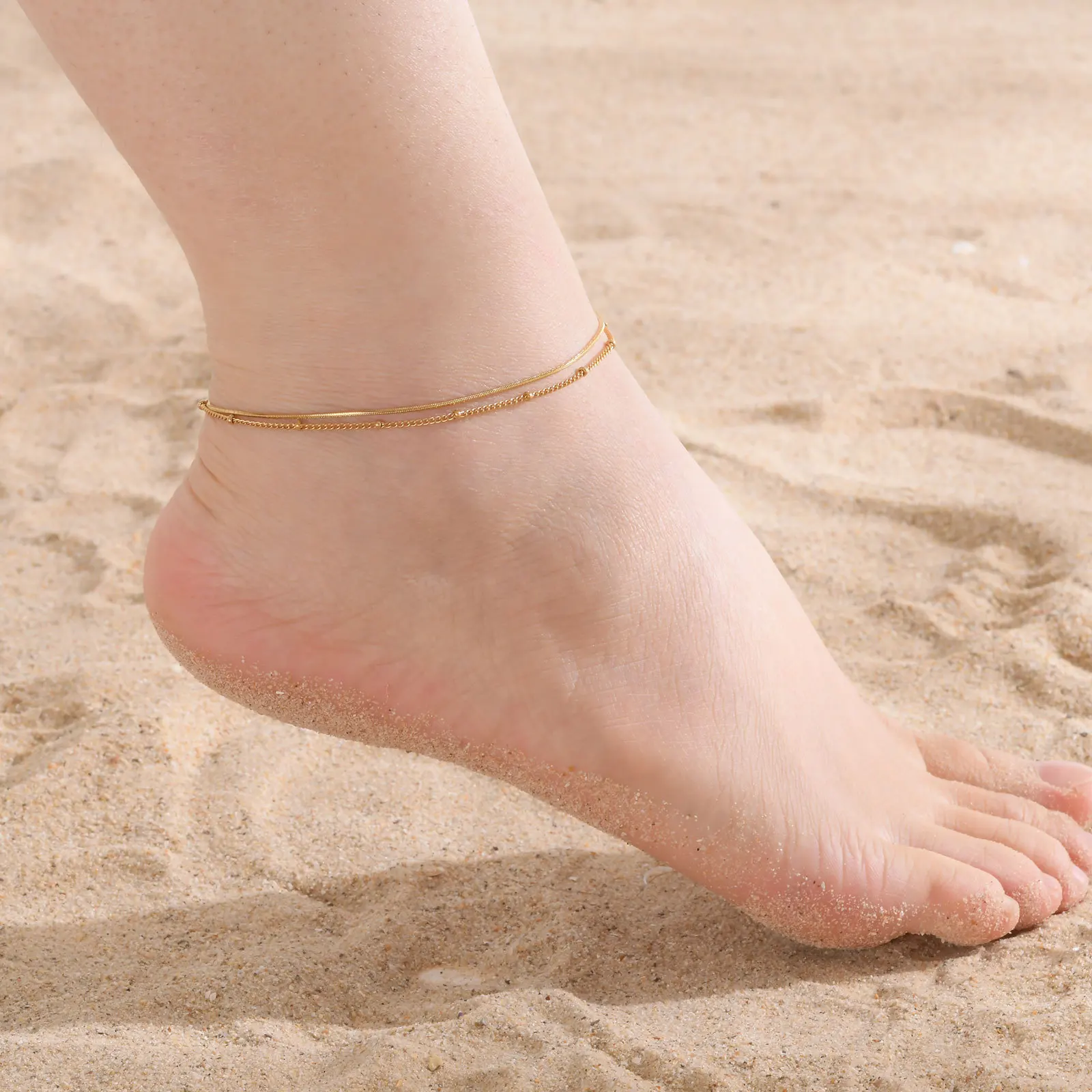 Dainty 18k PVD Gold Plated Tarnish-Free Waterproof Anklet Double-Layer Bead Snake Chain Trendy Stainless Steel Party Jewelry
