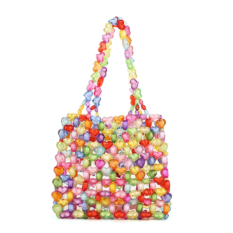 

Handmade woven pearl acrylic beaded totes bag women party shoulder handbag, Rainbow