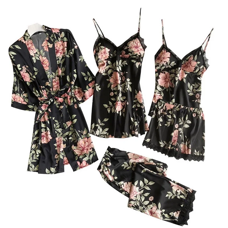 

Womens Pajamas Set Long Sleeve Robe Sexy Lace Lingerie Nightwear Underwear Sleepwear 5pcs Suit Pajama Sets