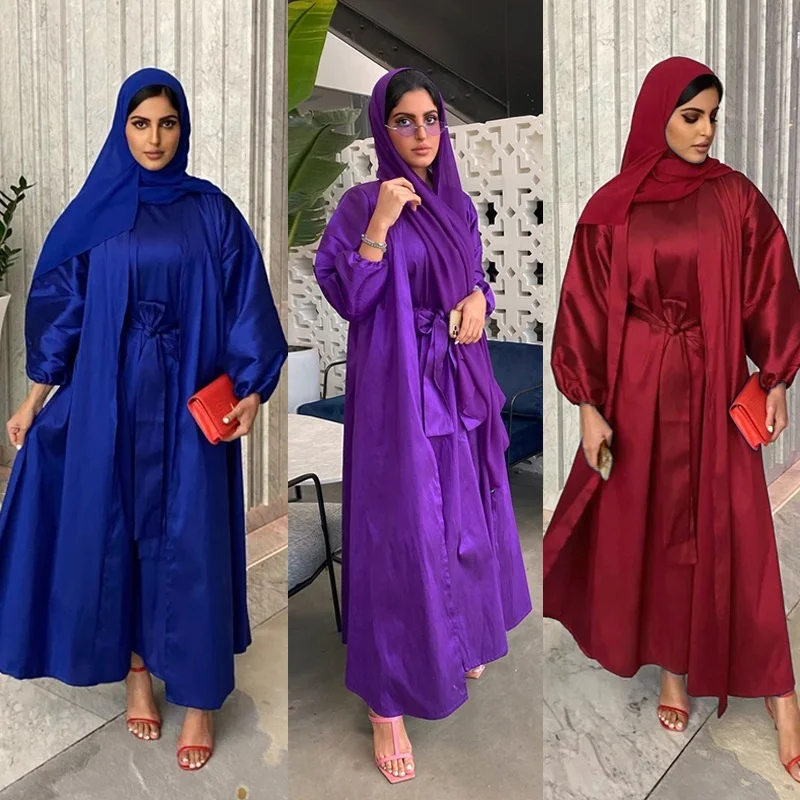 

Islamic Clothing Modest Muslim Ramadan Silk Satin Dress Abaya 2 Piece Sets For Women