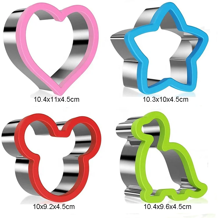 
4 Pieces Stainless Steel Sandwich Cutter Set Mickey Mouse Dinosaur Heart And Star Shapes Cookie Cutter 