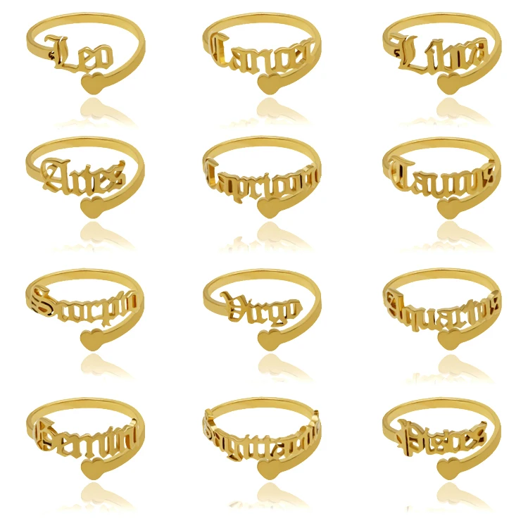 

tarnish free Horoscope 18k gold plated adjustable old english stainless steel hearts zodiac sign rings