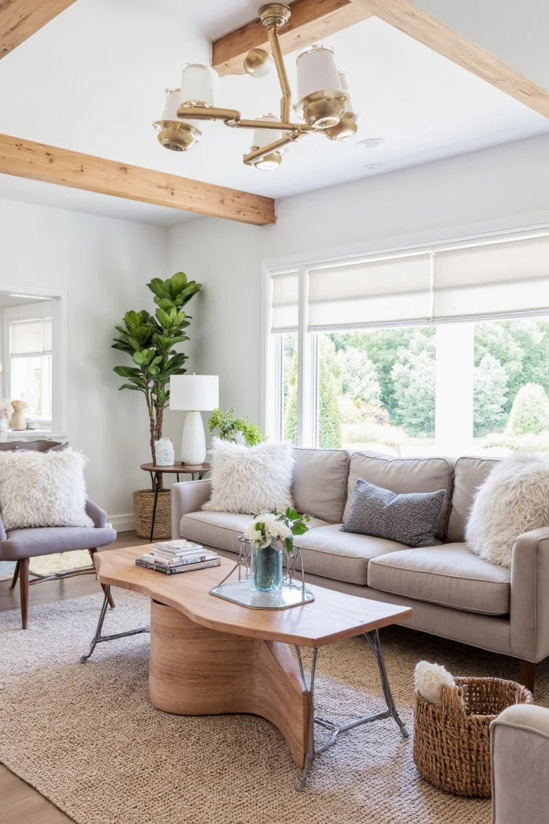 Modular sofa arrangement in a ranch-style living room