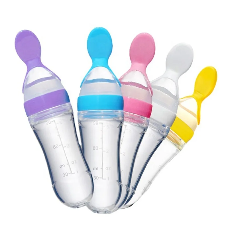 

90ml Newborn Toddler Food Supplement Rice Cereal Bottles Infant Baby Milk Feeder Silicone Squeeze Feeding Bottle With Spoon