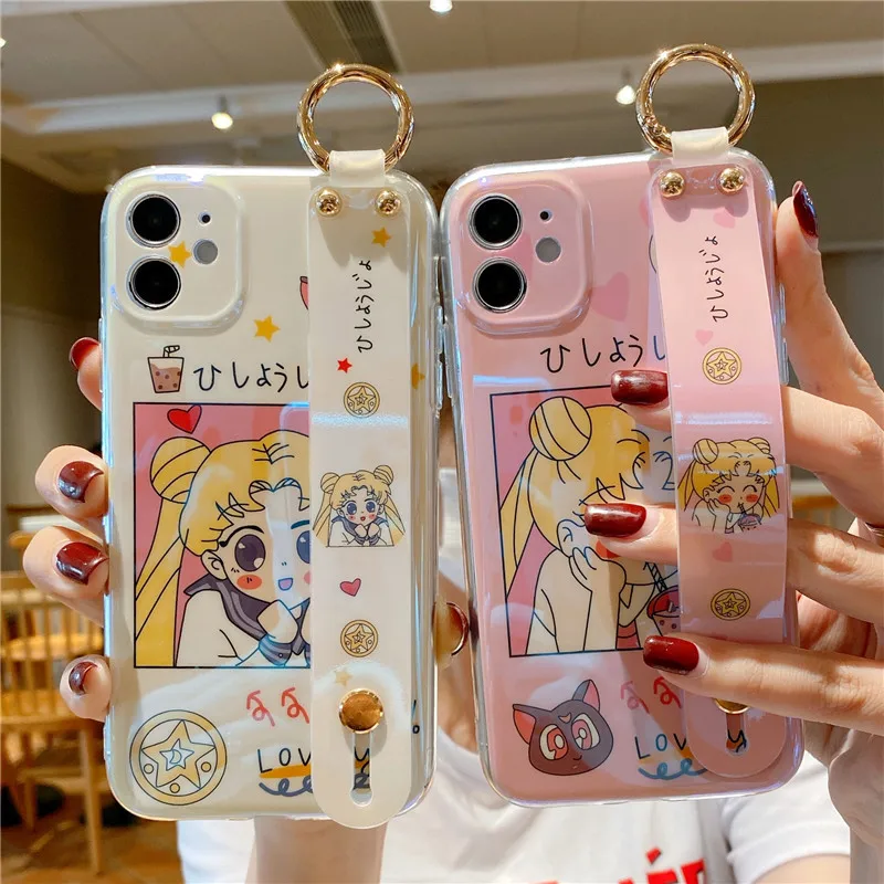 

Cartoon Cute Anime Protective Phone Case Sailor Moon Luna Cat Design Cover for Iphone XS 11 12 Pro Max with Portable Wrist Strap