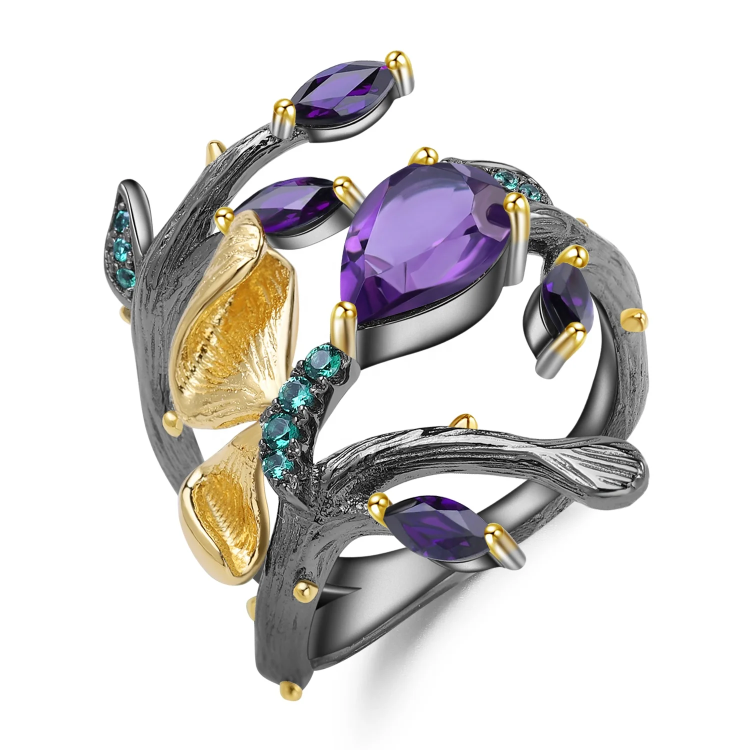 

Abiding Simple Classic Natural Amethyst Animal Rings 925 Sterling Silver Gold Plated Handmade Butterfly Rings for Women