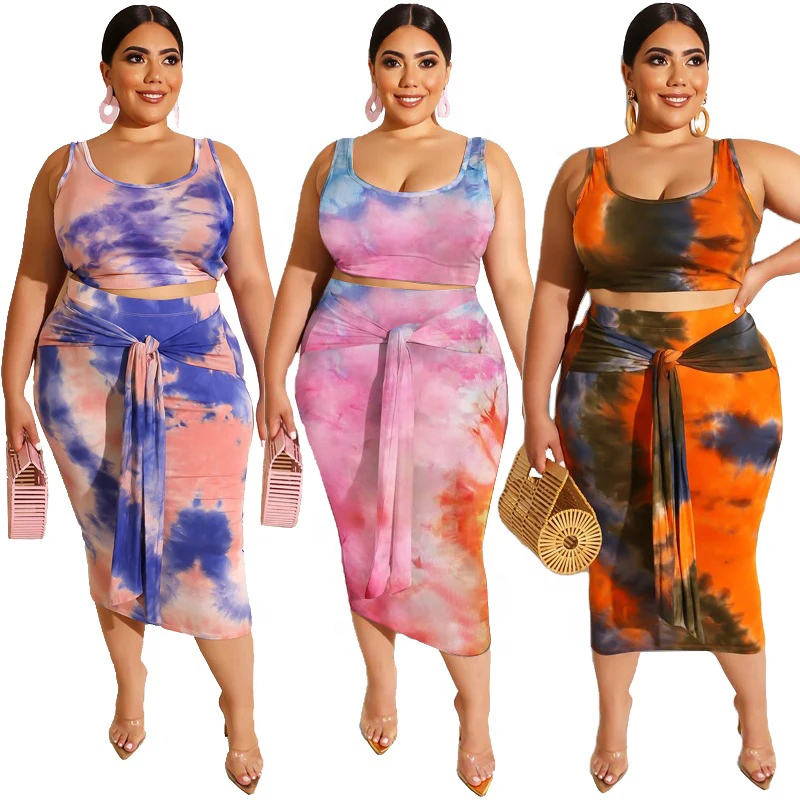 

Hot Sexy Tie Dye Bodycon Midi Dress Two Piece Set Plus Size Womens Clothing