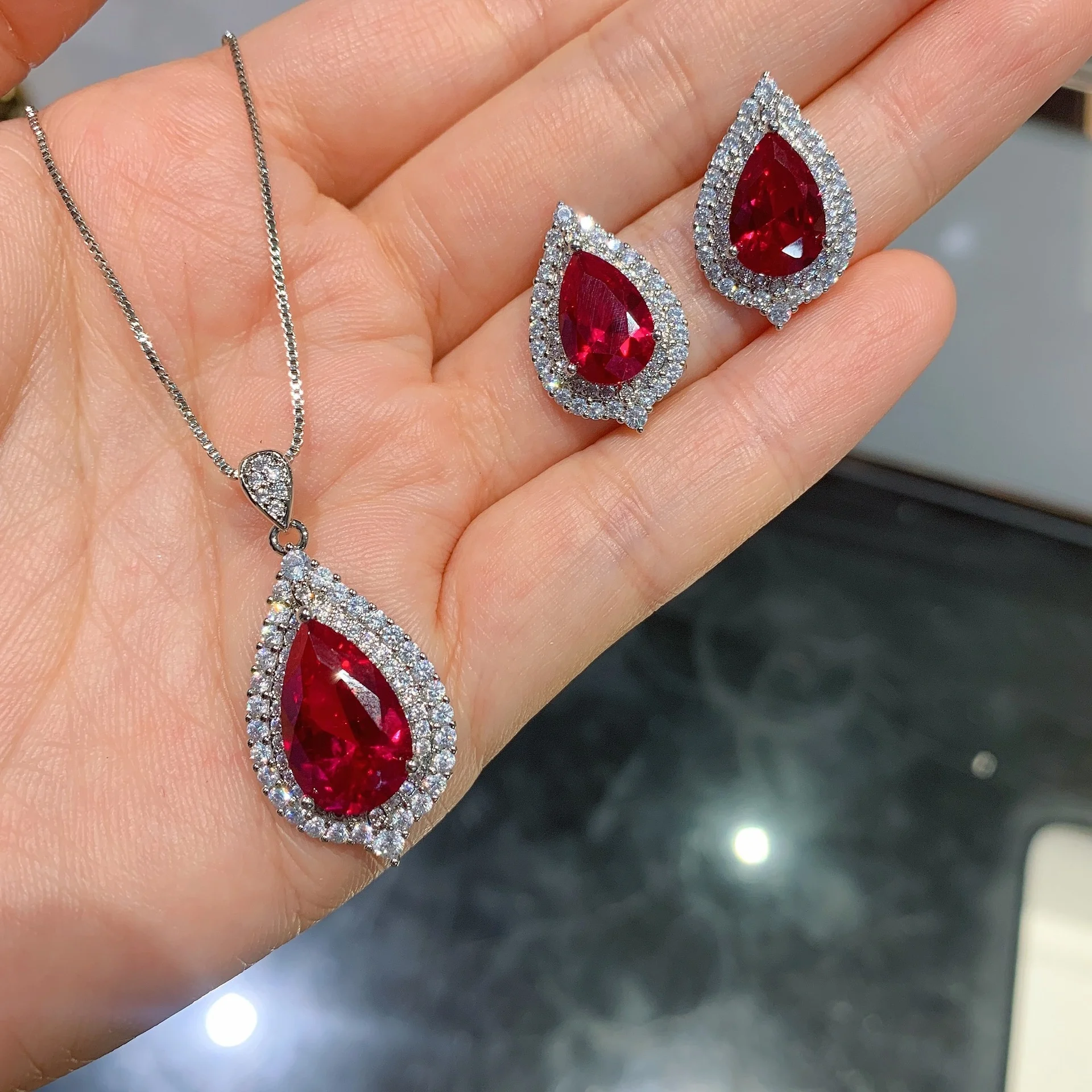 

Water Drop Ruby Created Gemstone Earrings/Pendant/Necklace Wedding Engagement Jewelry Sets gift, Customized color