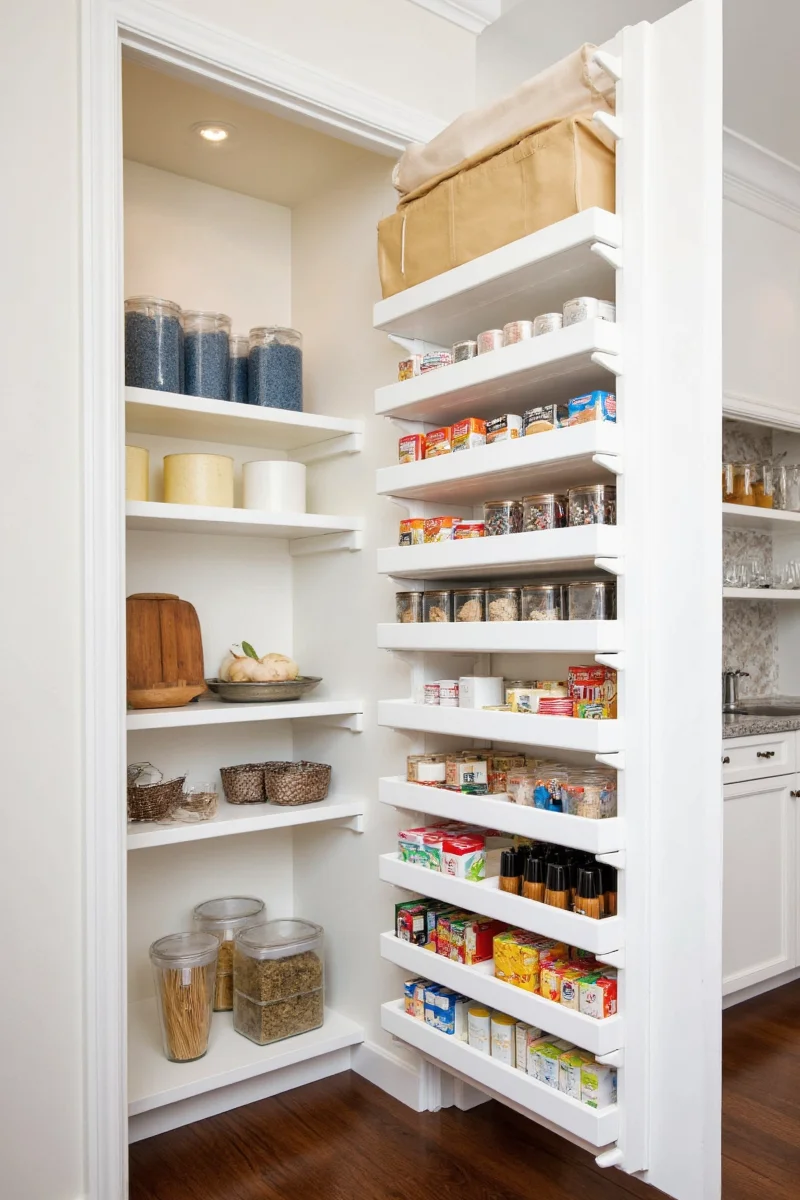 Family using shallow pull out pantry shelves