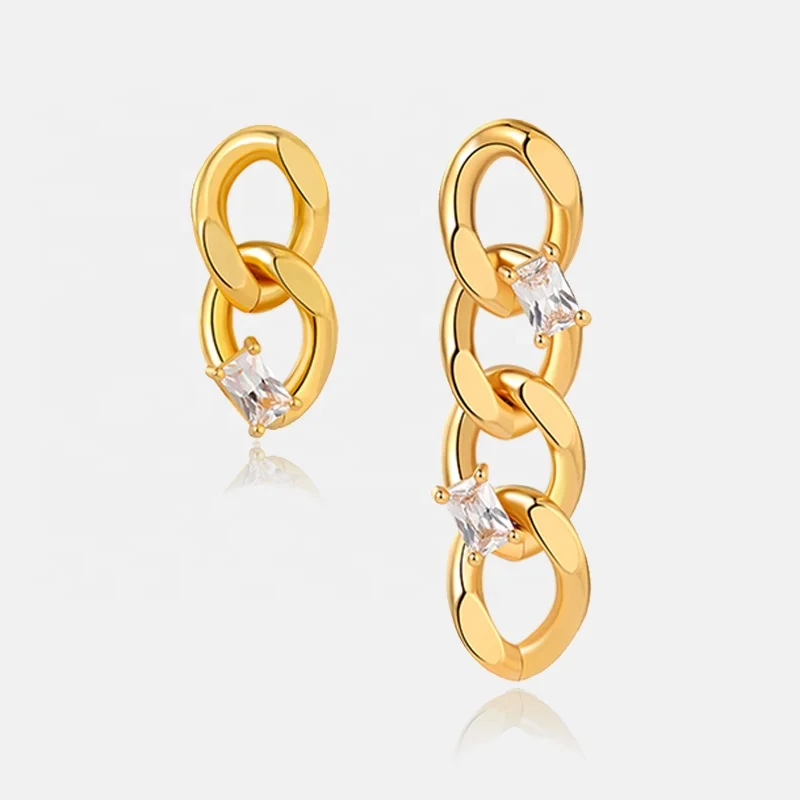 

Personalized Geometric Asymmetrical Brass And Gold-plated Square Diamonds Chain Earrings, Picture shows