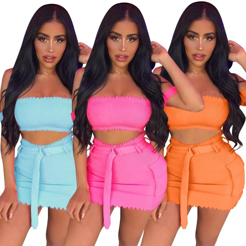 

Trendy Summer Two Pieces Sleeveless Candy Color Ribbed Cute Sexy Club Party Causal Mini women clothing sexy dress, Shown