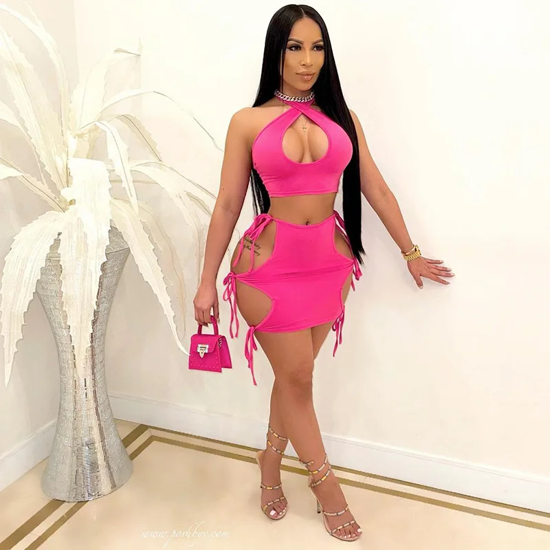 

2021 new arrivals summer halter hollow out designs women sexy crop top with mini skirt sets