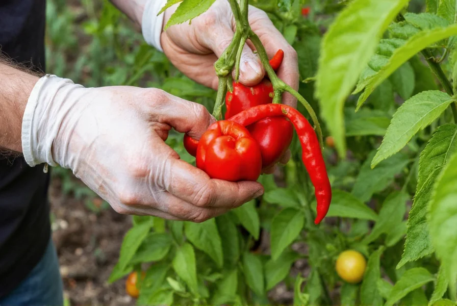 Gardener wearing protective gloves harvesting fully mature red reaper peppers from plant