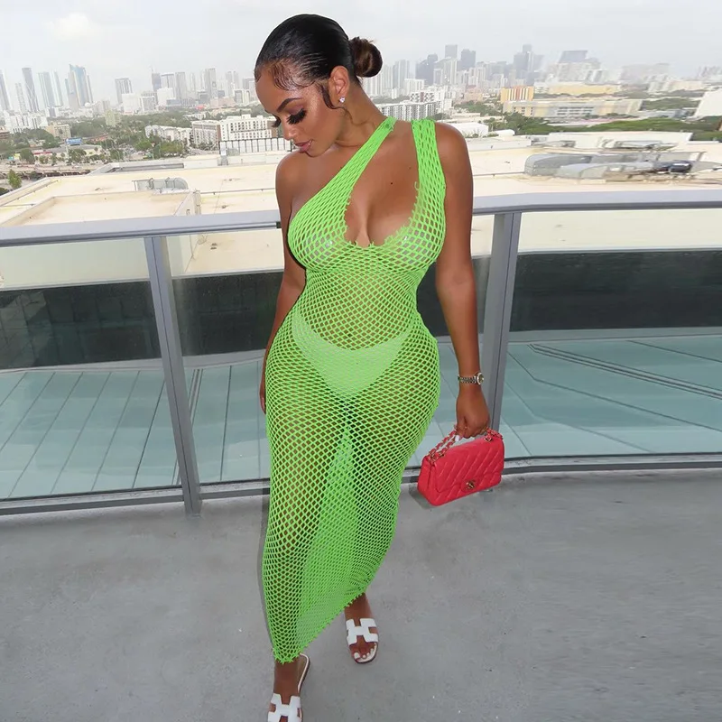 

W-C-1081A Women One Strap Fishnet See Through Dress Hollow Sexy Mesh Transparent Bodycon Mid-length Skirt, Black / apricot / rose red / green