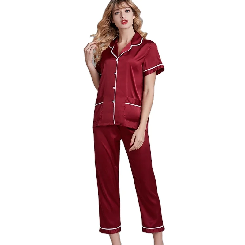 

Silk Sleepwear Ladies Comfy Two Piece Set Short Sleeve Satin Pajamas for Women