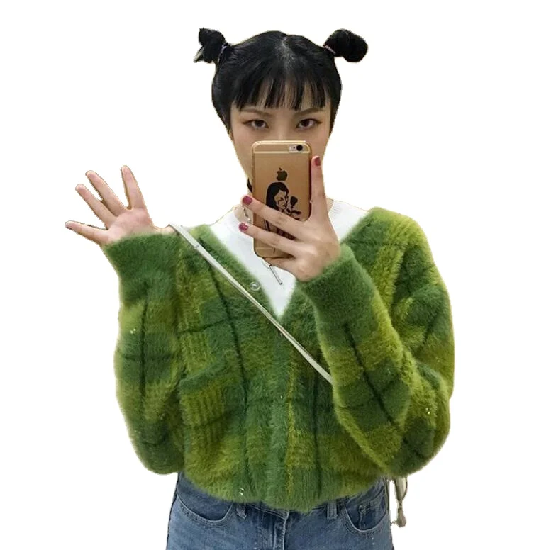 

sweater manufacturer The fall collection is kawaii plaid short loose cardigan long sleeve V-neck women's knit cardigan