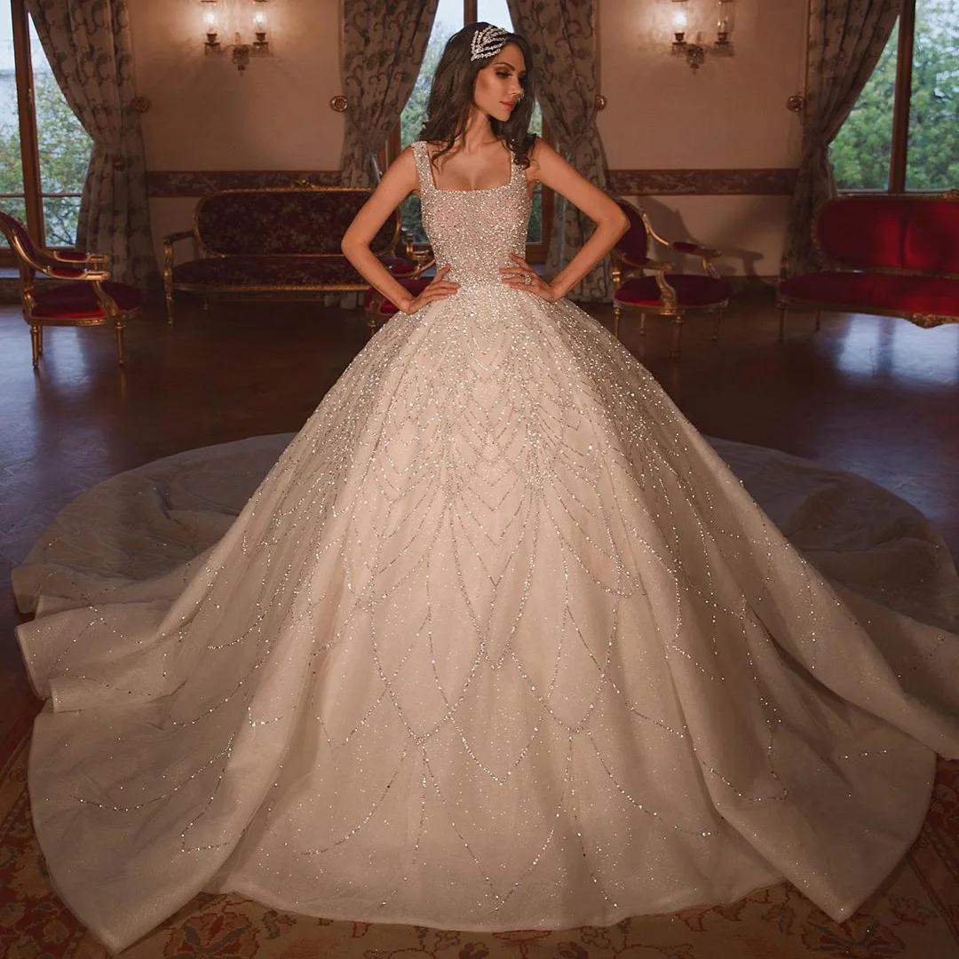 

Eslieb SJ293-D Luxury elegant Dubai Arabic Lace Beads Applique Chapel Train vestido Ball Gown Wedding Dress Bridal Gowns