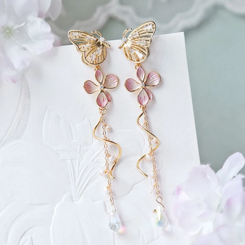 

Hot Sale Elegant Hollow Zircon Butterfly Drop Earrings For Women Fashion Metal Pink Flower Pendientes Accessories