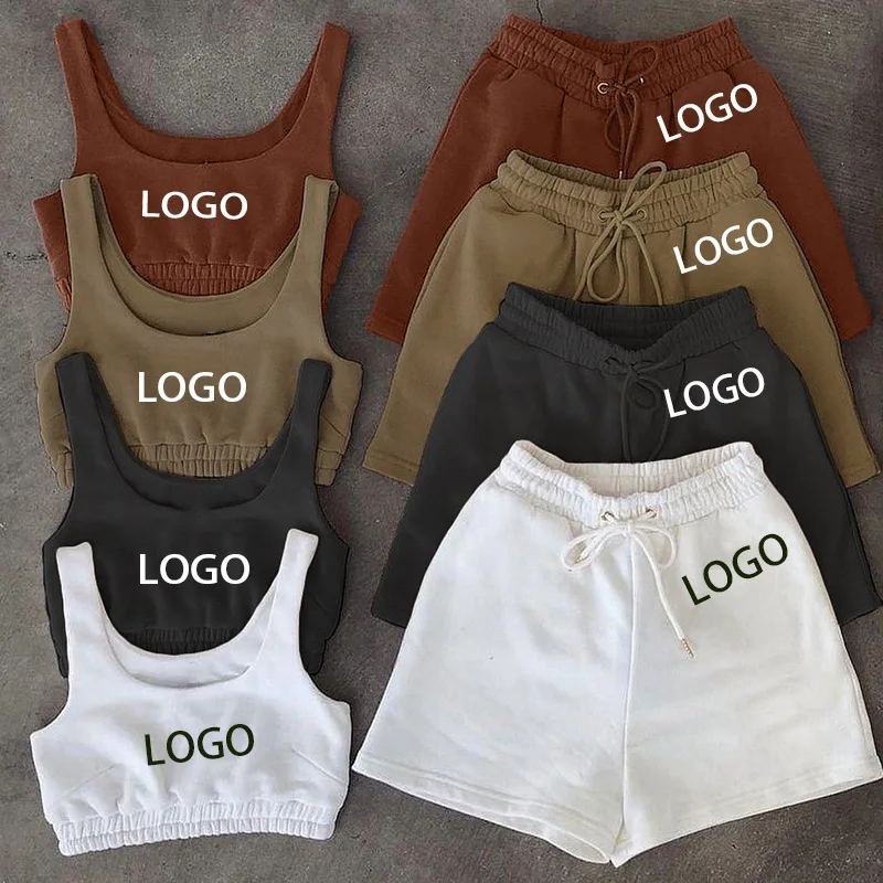 

custom logo solid summer short sets breathable cotton 2piece pink outfits pants sets crop top sports set women truck suits women