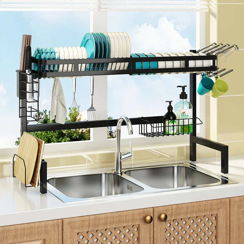 

2-tier Dish Rack Kitchen Organizer Dish Drying Rack Over Kitchen Sink Countertop Storage Holders & Racks Kitchen Accessories, Black