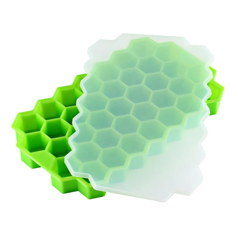 

Stackable Spill-resistant Easy-release Durable BPA Free 37 Cavities Honeycomb Food Grade Silicone Ice Cube Tray with lib, Green,blue,yellow,purple,pink,white