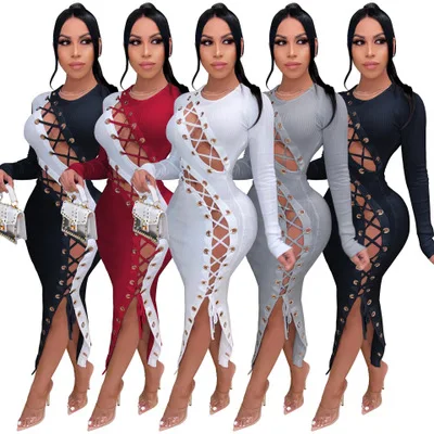 

2021 New Ladies Winter Long Skirt Sexy Slim Fit Lace Hollow High Elastic Hollow Dress
