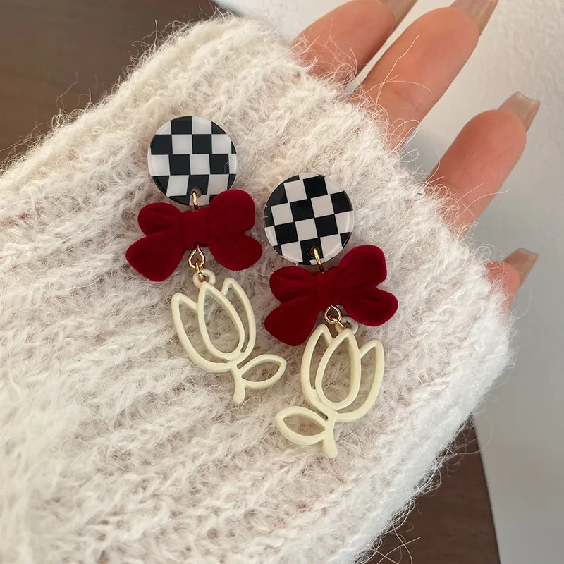 

JUHU Retro Hollow Tulip Flower Earrings Red Flocking Bowknot Plaid Earrings Ear Clip Pendant Female Valentine's Day Jewelry, Silver needle, spiral ear clip