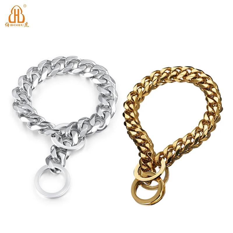 

BOHU pet collars & leashes stainless dog chain gold collars for dogs pet supplies collars, Gold, silver, black