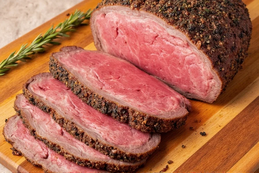 Spice jars arranged around a cut of beef