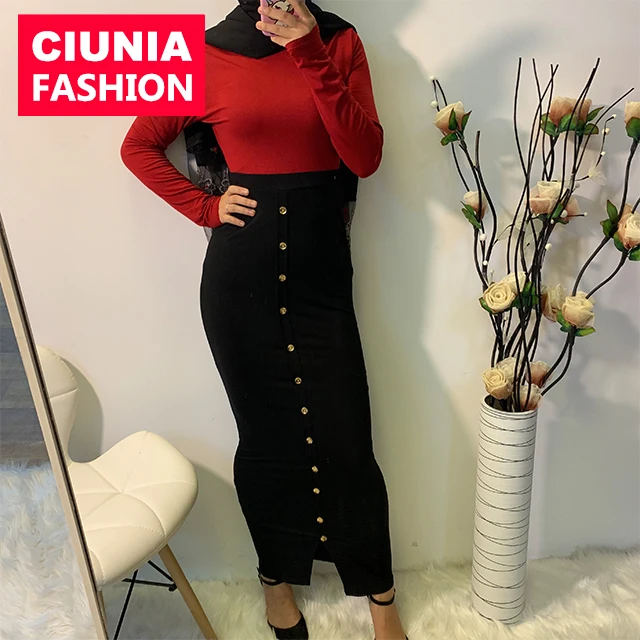 

6060# Moda Faldas Vestidos Mujer 2018 Dubai Kaftan Musulman Bottoms Bodycon Maxi Skirts Islamic Knitted Cotton Abaya Clothing, Wine red;green;navy;khaki;black