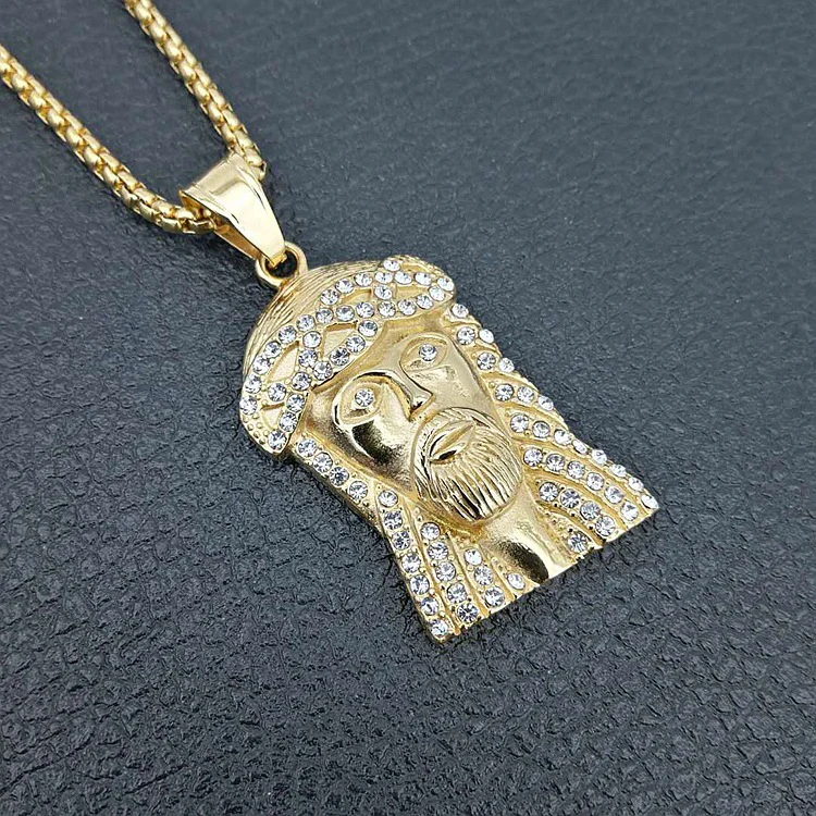 

New Religious Jewelry Gold Plated Diamond Jesus Face Hip Hop Pendant Mens with 316 Stainless Steel