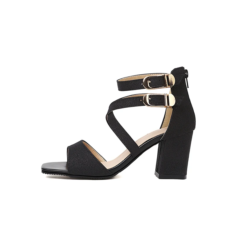 

Women's Elegant Mid Block Heel Ankle Buckle Cross Strap Sequins Sandals, Black/gold/silver