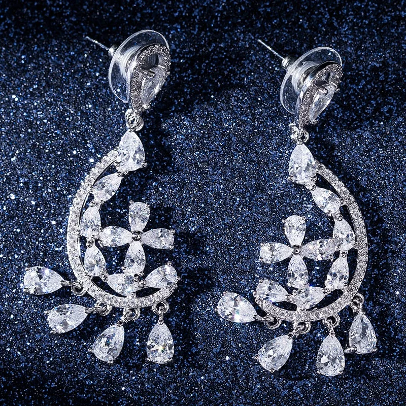 

Flower Full Zircon Inlaid Drop Earrings for Women Trendy Tassels Long Eardrops Jewelry Wholesale