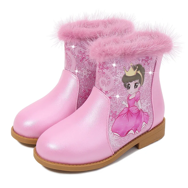 

2021 New Style Girls Winter High Heel Boots with Princess elsa Print Microfiber Leather Artificial Fur