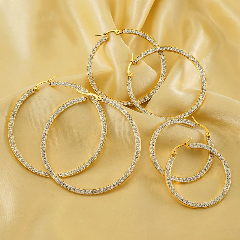 

Wholesale Fashion Designer Stainless Steel Gold Plated Full Zircon Round Chunky Hoop Earrings For Women Jewelry