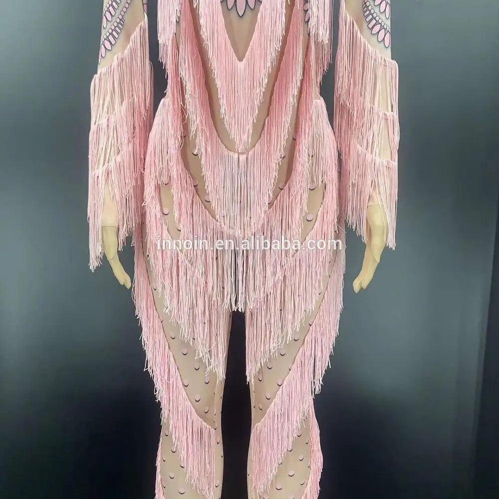 

Fashion Tassel Jumpsuit Women Skinny Rompers Dance Costume Birthday Celebrate Party Outfit Female Singer Stage Wear