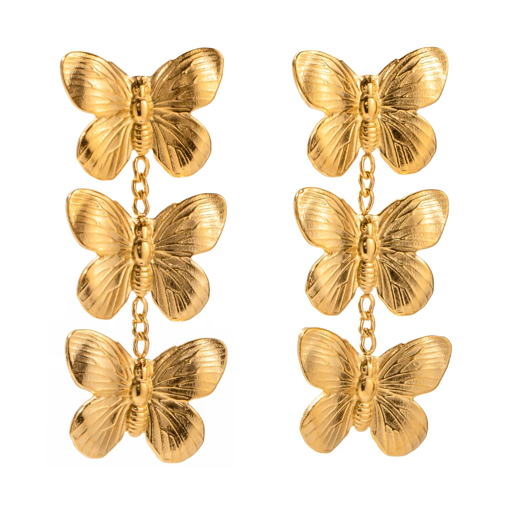 Three Butterfly Long Drop Earring 18k PVD Gold Plated Stainless Steel Butterfly Statement Earrings For Women