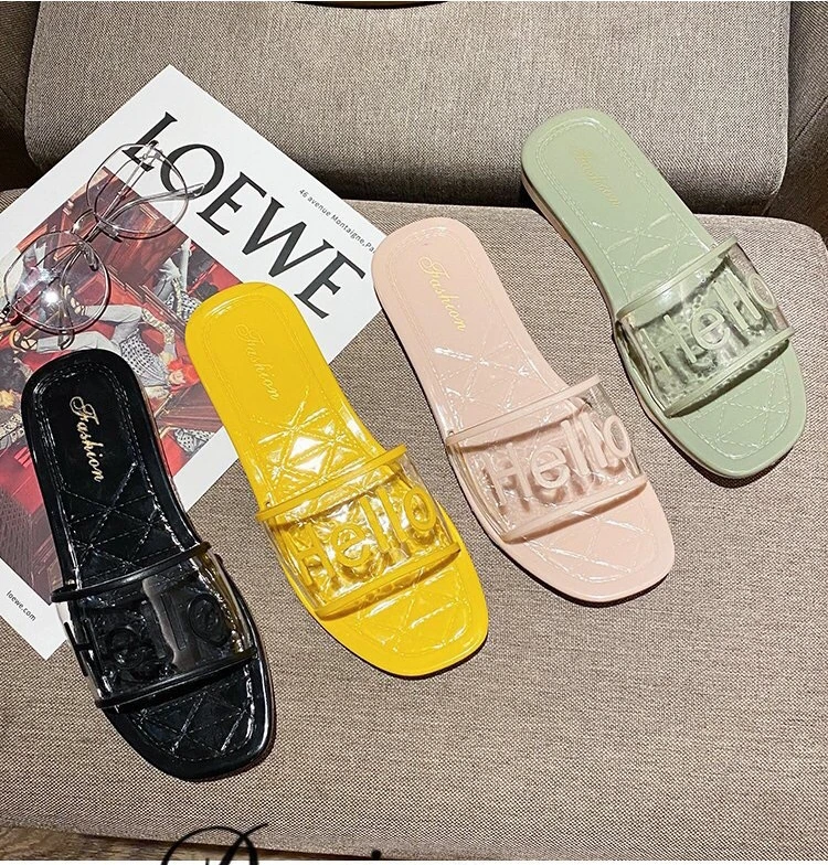 

Fashion Summer Women Shoes Outdoor PVC Clear Sandals Flat Slippers Beach Shoes, Black, yellow,green,pink