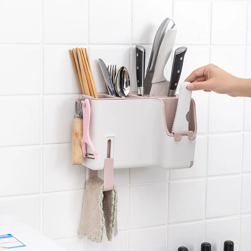 

Multifunctional wall-mounted floor-mounted dual-purpose kitchen cage plastic drain no trace free punch chopstick storage rack